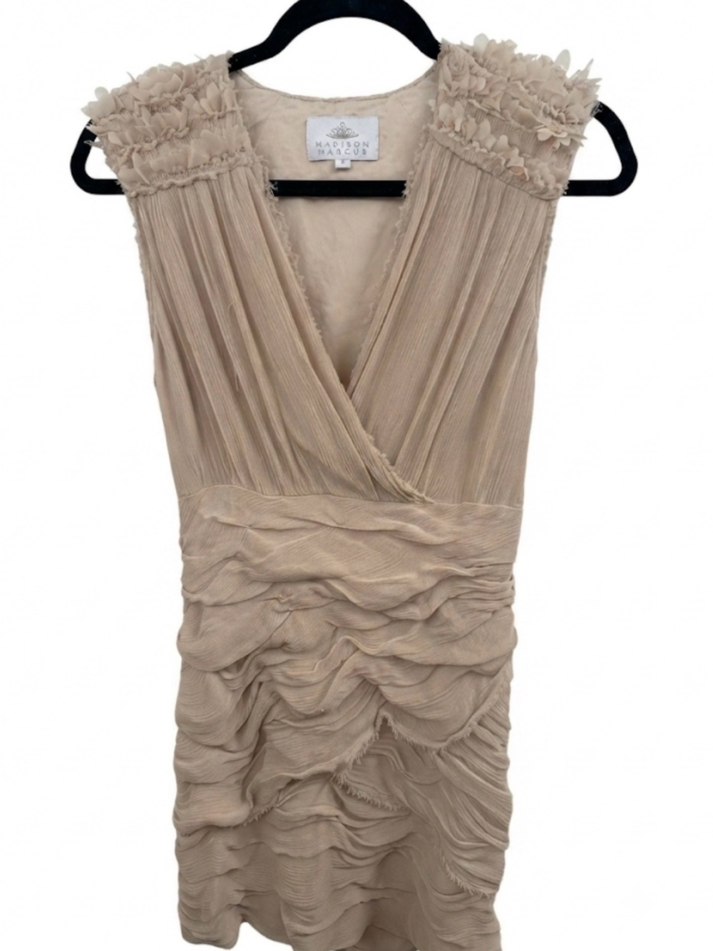 Madison Marcus Sleeveless Beige Ruffle Wrap Dress 100% Silk